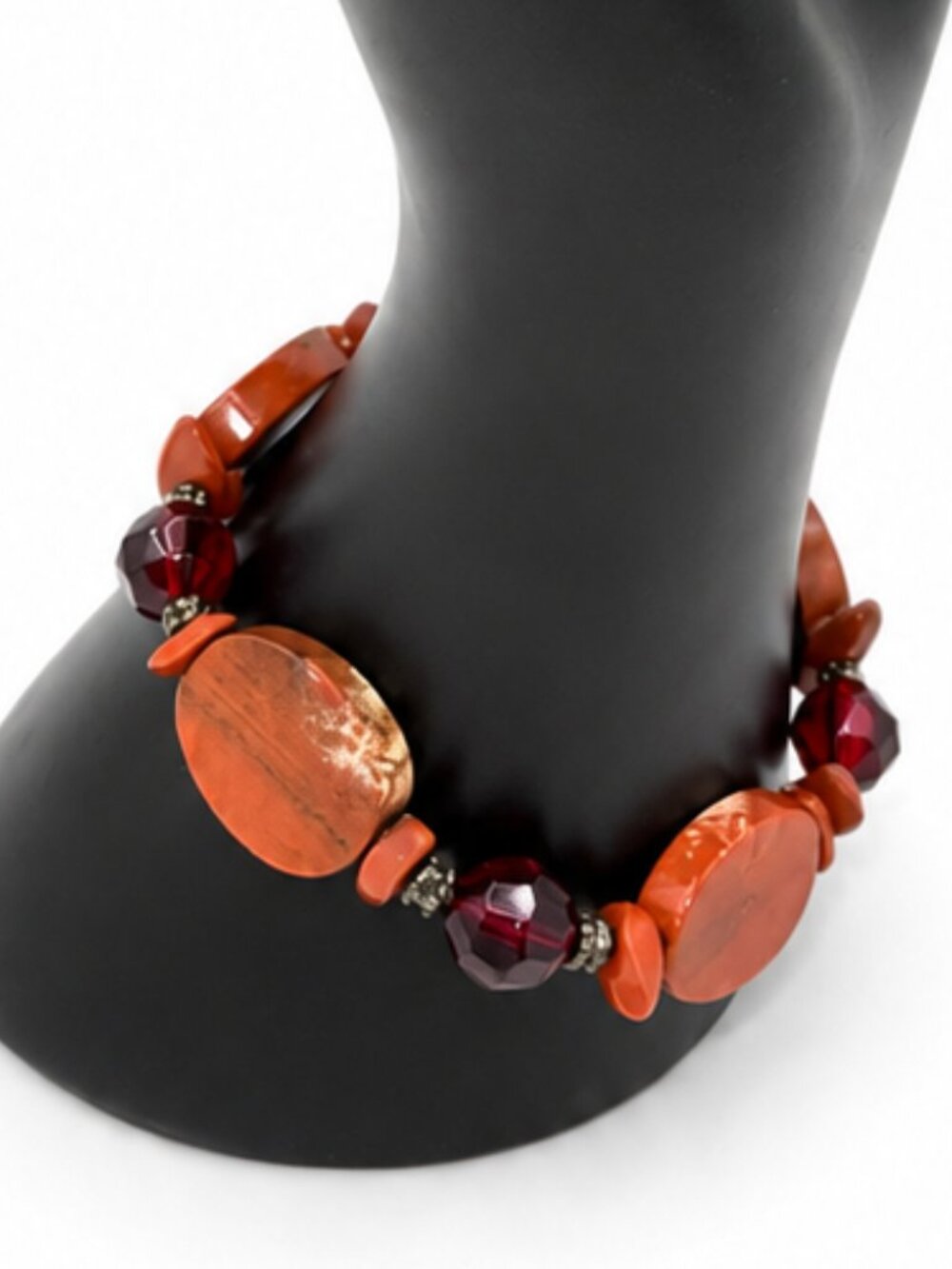 Rust Red Jasper & Garnet Glass Beaded Bracelet Toggle Clasp Boho Artisan Style